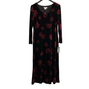 Vintage CDC Dress Women 14‎ Black Velvet Red Rose Print Maxi Dark Romantic Event